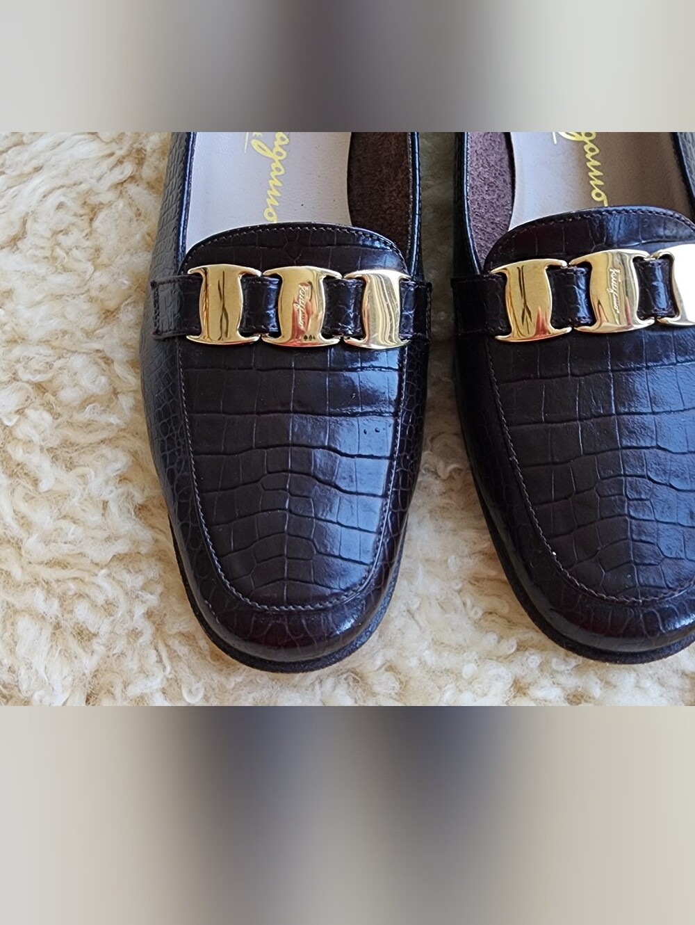Salvatore Ferragamo Brown Croc-Embossed Leather Loafers with Gold Bit - Picture 2 of 7